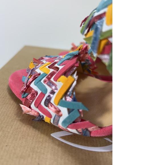 Meroine Pink Rainbow Woven 85mm raffia fringe heels mules D979 - Picture 7 of 11